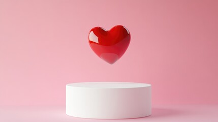 Poster - 3D rendering of a red heart floating above a white cylindrical podium set against a pink background for a romantic theme