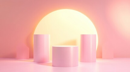 Poster - 3D rendering illustration of a mockup featuring cylinder podiums for a festival celebration empty pedestal template for product display decorated with geometric background concept for cosmetics st