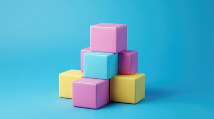 Poster - Vibrant pastel colored boxes on a bright blue backdrop Minimalistic design 3D rendering