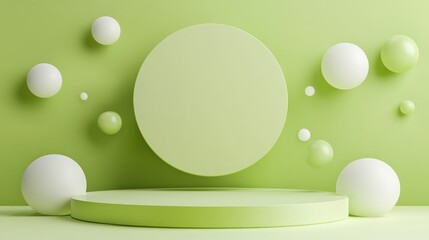 Poster - 3D Minimalist Green Podium with Abstract Geometric Shapes Background for Product Display