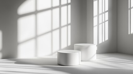 Aufkleber - Abstract 3D studio backdrop in white tones for showcasing cosmetics An empty grey space featuring window shadows Product display set against a blurred background 3D Illustration