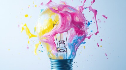 Aufkleber - Abstract lightbulb featuring dynamic splashes of pastel pink yellow and blue paint representing creativity and innovation