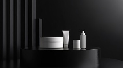 Poster - 3D rendering of a minimalist product display for cream cosmetics on a sleek black podium