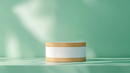 Poster - 3D rendered image of a white and wooden podium set against a green backdrop for product display advertisement