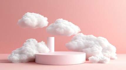 Poster - 3D rendering of a minimal podium scene featuring clouds against a pink pastel background showcasing an abstract platform with a cylindrical display stand