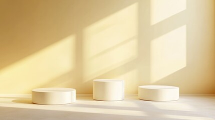 Fototapete - Simple Minimalist Composition of Three White Podiums for Product Presentation Geometric Shapes in 3D Rendering with a Pastel Light Yellow Background and Natural Light Coming from the Right Side