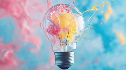 Aufkleber - Abstract lightbulb featuring dynamic splashes of pastel pink yellow and blue paint representing creativity and innovation
