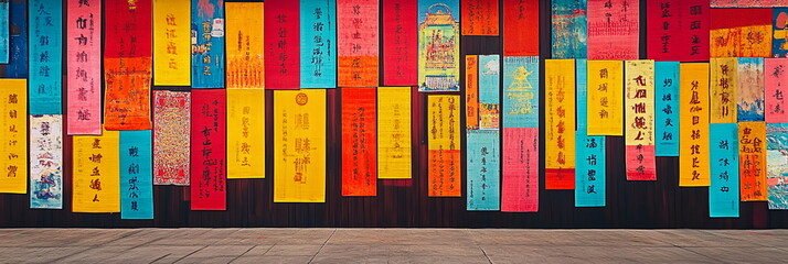 Wall Mural - A large wall decorated with colorful banners and couplets, featuring auspicious phrases, showcasing the importance of good wishes during the celebrations. Wide horizontal Chinese new year banner