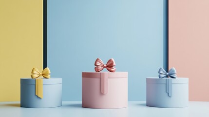 Poster - Collection of geometric pedestals in blue yellow and pink featuring gift boxes adorned with bows Abstract studio setting for cosmetic product displays Promotional showcase in a minimalistic style