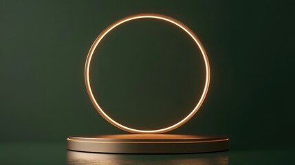 Aufkleber - 3D render of a luxury round rose gold podium featuring a glowing circle light against an olive green backdrop for showcasing products