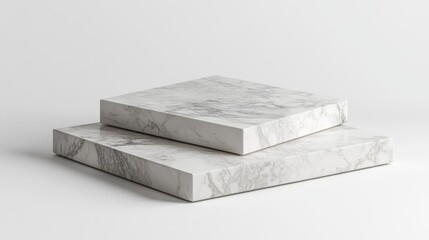 Poster - 3D rendering of overlapping square marble pedestals designed for product displays on a white floor The podium is suitable for advertising and features a minimalist style against a white background