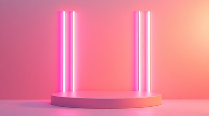 Poster - 3D rendering of a pink podium with illuminating lines against a minimalist pink background