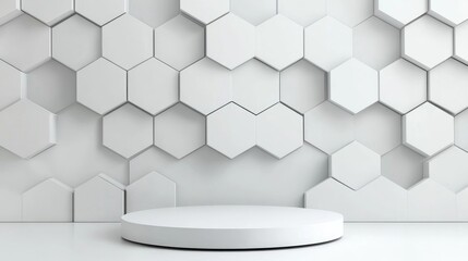 Fototapete - Minimalistic studio background featuring a 3D white and gray hexagon podium Abstract geometric shape illustration for showcasing beauty and cosmetics products