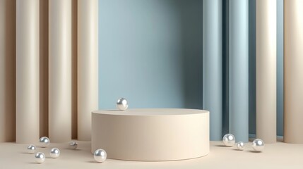 Aufkleber - 3D rendering of a cylindrical podium template with pearls set against a beige and grey blue background featuring multilevel planes