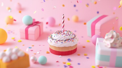Aufkleber - 3D rendering of a festive popper gift box cake and confetti on a pastel themed banner background with blank space for text 3D rendered illustration