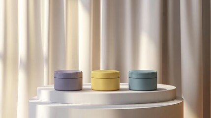 Poster - 3D illustration of a minimal pedestal scene featuring beautifully colored pedestals Elegant display background with podium for showcasing cosmetic products under studio lighting
