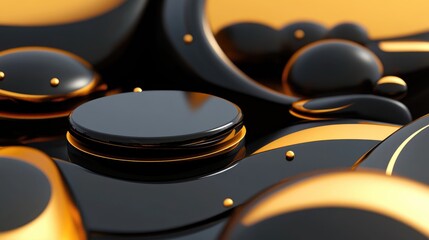 Aufkleber - 3D illustration of an abstract background featuring a product podium in black and gold hues