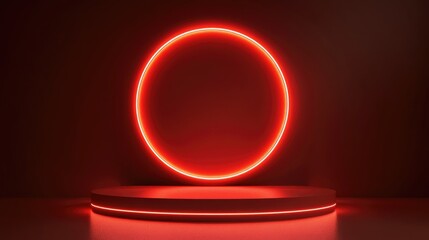 Poster - Red realistic 3D cylinder podium with glowing neon circular design Abstract geometric rendering Minimalist scene for product display and showcase