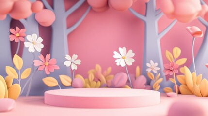 Poster - Abstract pastel illustration of nature featuring flowers leaves and trees on a podium stand Charming cartoon style natural landscape background depicting a vibrant spring scene with minimalistic d