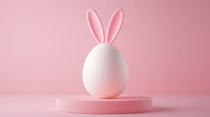 Aufkleber - Easter egg with rabbit ears displayed on a circular pedestal against a pink background 3D rendering