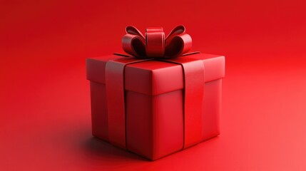 Aufkleber - Red gift box adorned with a red ribbon bow on a matching red backdrop 3D rendering