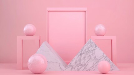 Poster - 3D rendering of geometric shapes product display with a frame marble finish minimalist design