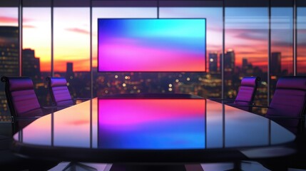 Poster - Glass table with LED screen backdrop in a news studio setting 3D rendering