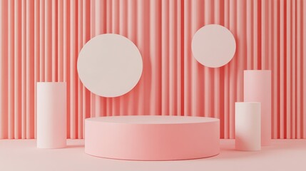 Aufkleber - 3D rendering of a minimal pink coral podium or pedestal for showcasing products accompanied by abstract geometric shapes including cylinders circles and cubes in the background