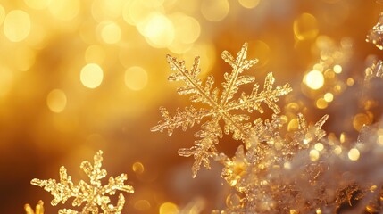 Poster - Golden snowflakes hang among ice crystals radiating warmth against a cool bokeh background producing a captivating interplay of light and texture