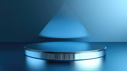 Aufkleber - Glossy chrome podium on blue backdrop Empty showcase mockup featuring a round stage Abstract geometric background Space for product display advertisement with copy area 3D rendering