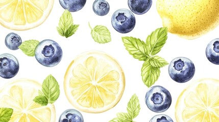 Poster - Lemon blueberries and mint leaves arranged with watercolor strokes on a white background a vibrant and refreshing summer theme