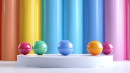 Poster - Colorful Balls Displayed on a Pedestal Podium Stage 3D Rendering