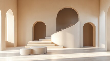 Aufkleber - Abstract composition featuring geometric shapes in a 3D rendering Minimalistic bright studio setup with an empty podium staircase and arches for promotional displays and product presentations