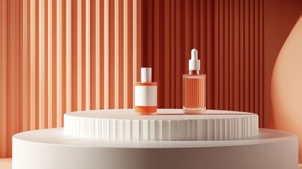 Aufkleber - 3D rendering of a background podium and display stand featuring an abstract minimal scene with geometric forms showcasing calming coral and white colored cylindrical glass elements designed for co