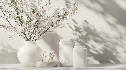 Poster - Cosmetic product mock up featuring white containers and a vase
