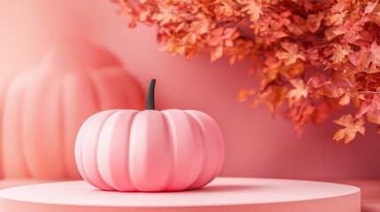 Aufkleber - Pink pumpkin on podium with abstract background for autumn holiday promotions 3D render
