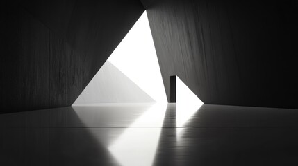 Poster - 3D render of an abstract black geometric background featuring bright white light streaming through a small opening in a dark space resembling a corridor or tunnel A futuristic portal is depicted a