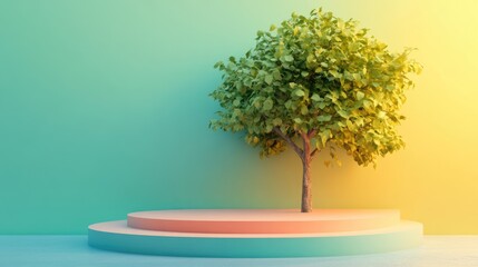 Aufkleber - Aerial perspective featuring a vibrant backdrop with a tree stand or podium set against a blank display 3D rendering
