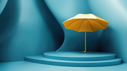 Poster - 3D rendering of an abstract geometric podium background minimalistic empty showcase template blue setting with a yellow umbrella