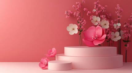 Poster - Pink dual podium background for product presentation 3D illustration and rendering