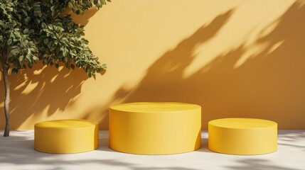 Poster - Round podiums in solid yellow for brand promotion Empty platform mockup set against a warm sunny background 3D render
