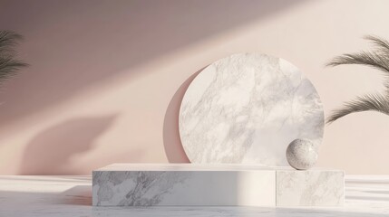 Aufkleber - Light pastel gradient background featuring a marble square display platform A minimalist studio setting with a podium against a gray backdrop 3D rendering