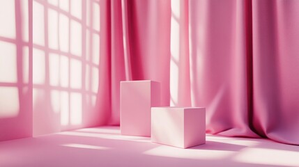 Fototapete - Abstract 3D pink cube and box podium in a minimal studio scene Geometric shape object illustration render for showcasing cosmetic and fashion products suitable for Valentine s themes