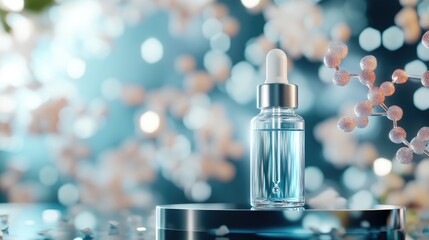 Poster - Dropper bottle mockup on a platform with a blurred molecular background creating an abstract setting for cosmetic presentation or branding 3D rendering
