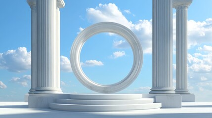 Poster - Abstract cylindrical podium for product display featuring columns and a circular opening against a blue sky 3D rendering
