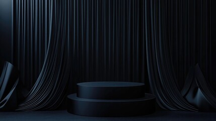 Poster - 3D black geometric display podium with a dark backdrop