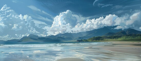 Poster - Ocean Beaches With Mountains Sky And Sea In Fine Weather