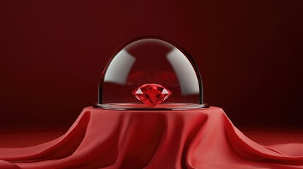 Poster - 3D illustration of a red fabric podium featuring a red gemstone and glass dome for product display with a work path or clipping path included