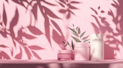 Aufkleber - Podium display for product presentation featuring a shadow of leaves against a cosmetic themed 3D background