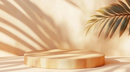 Aufkleber - Light beige and pastel orange 3D rendering of a simple minimal wooden podium background featuring a palm leaf shadow designed for showcasing natural products on a cylindrical stand